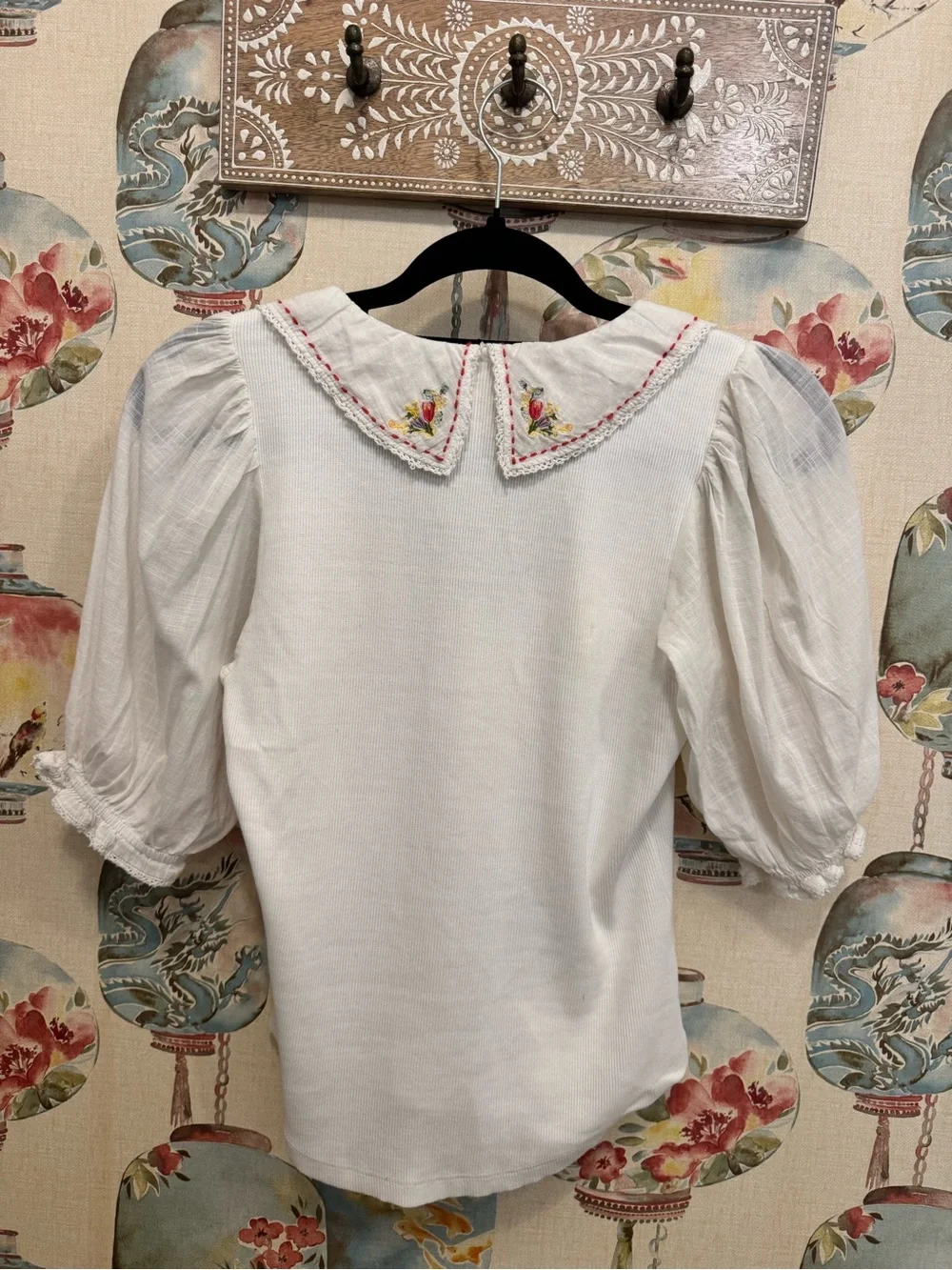 Anthropologie White Puff Sleeve Top with Embroidered Collar